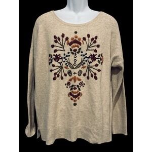 Sweater Women Knit XL Beige Cream Crewel Embroidered Floral Cottage Core Boho OS